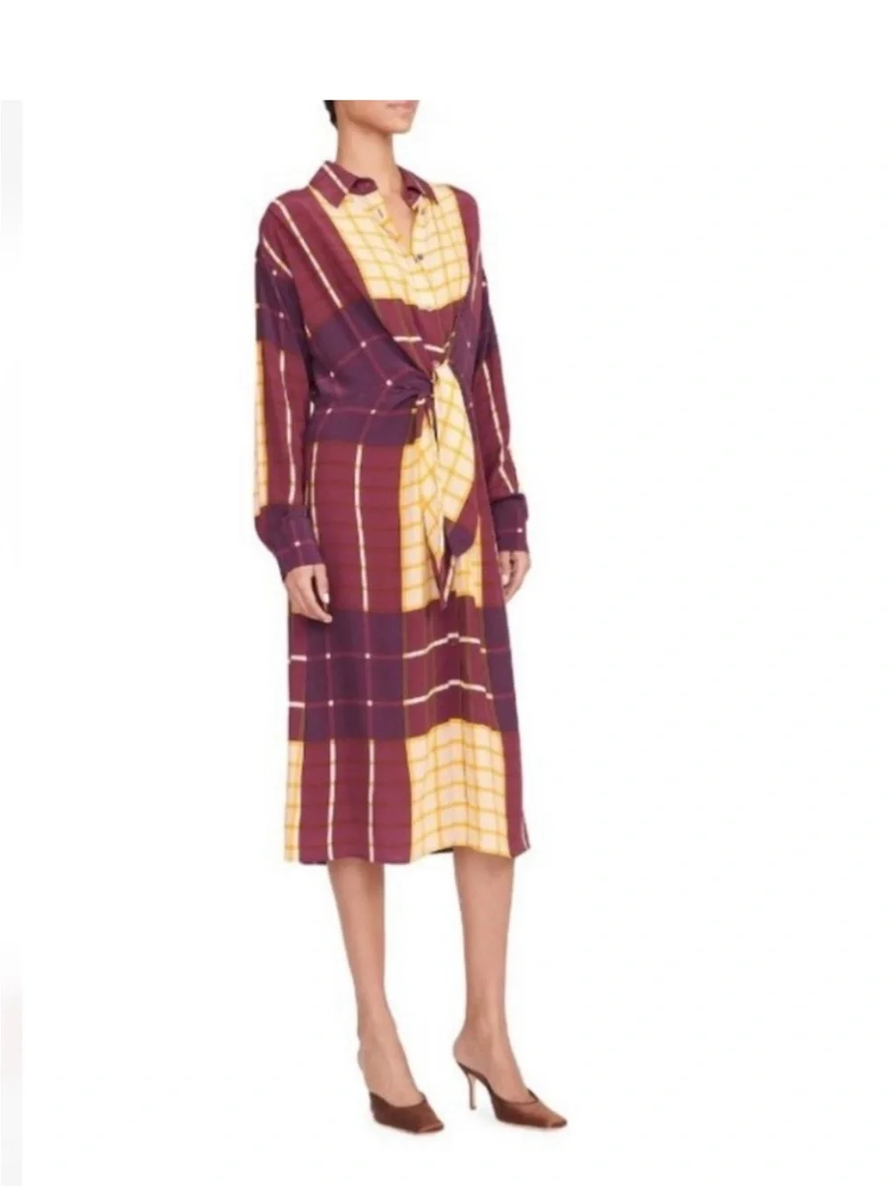 Staud Eclectic Prep Burgundy Mustard Plaid TieFront Midi Dress Dark Academia - Picture 4 of 7